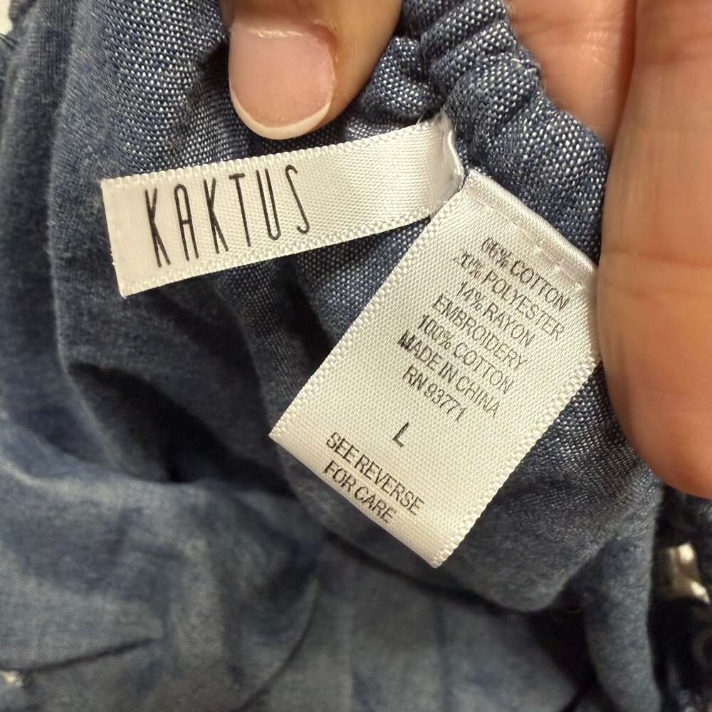 Kaktus Chambray Denim Eyelet Lace Ruffled Off The Shoulder Dress - Picture 2 of 7